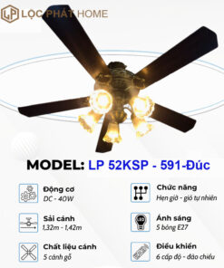 Thông số quạt trần 5 cánh gỗ LP 52KSP - 591-Đúc