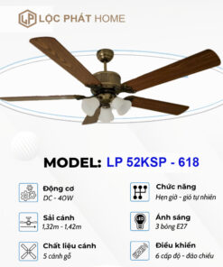 Thông số quạt trần 5 cánh gỗ LP 52KSP - 618